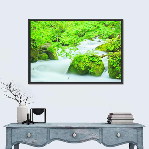 Oirase Stream Japan Canvas Wall Art-1 Piece-Floating Frame-24" x 16"-Tiaracle