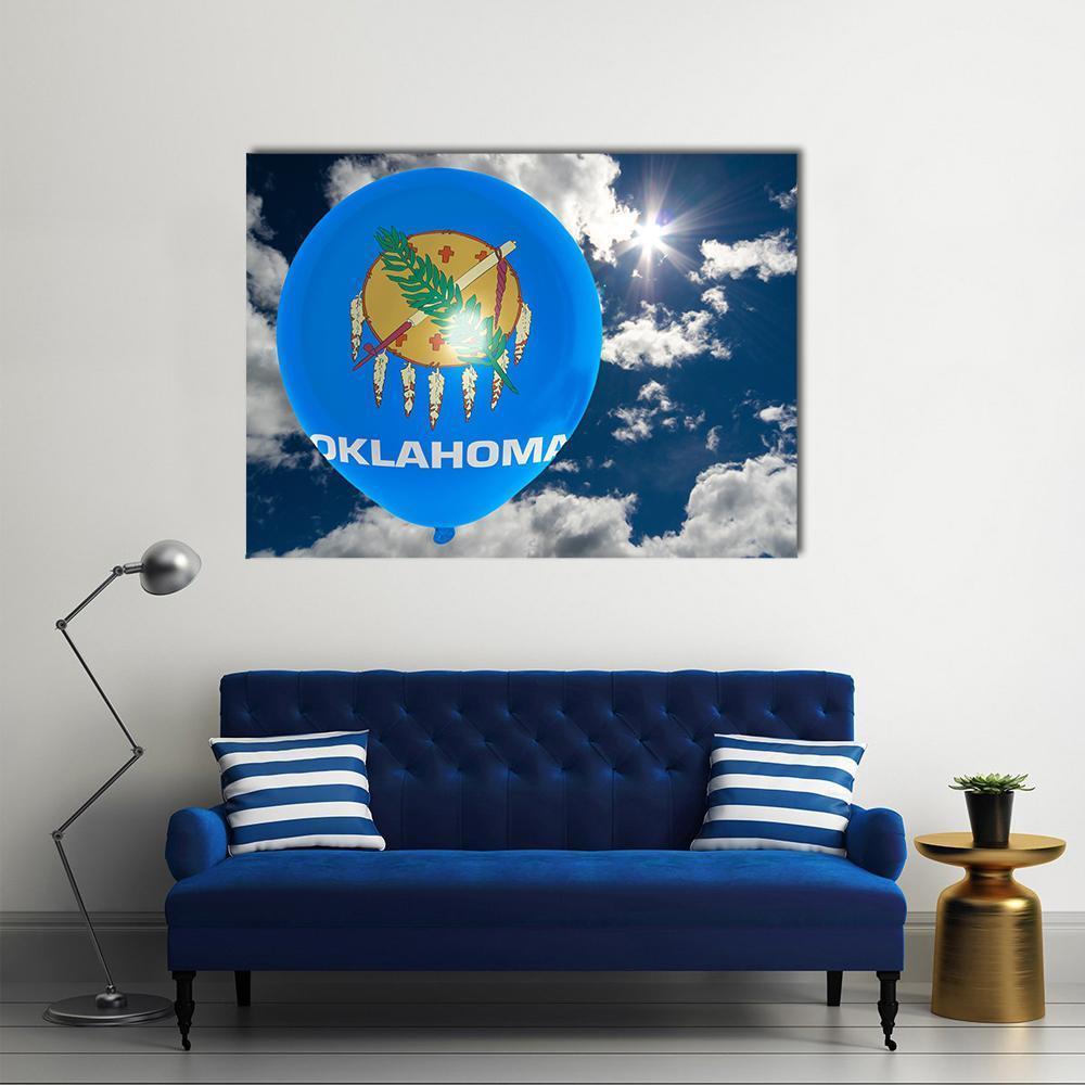 Oklahoma Flag on Balloon Canvas Wall Art in white and blue, single panel hung on a wall