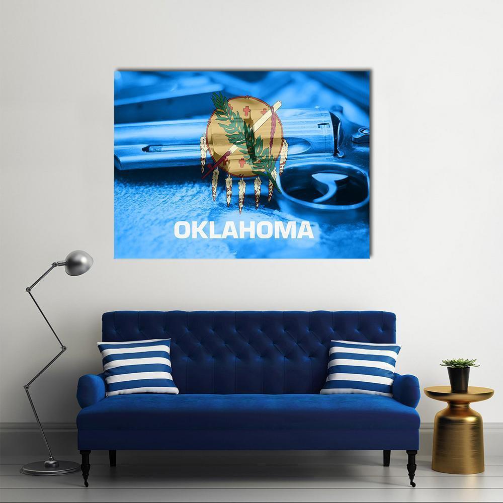 Oklahoma Flag on Gun Slide Canvas Wall Art in white, brown and blue, single panel hung on a wall
