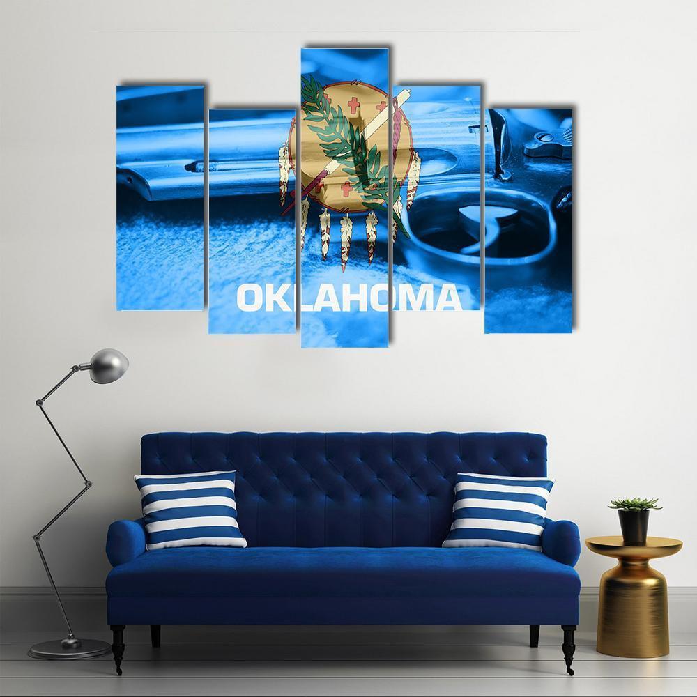 Oklahoma Flag With Gun Canvas Wall Art-5 Pop-Gallery Wrap-47" x 32"-Tiaracle