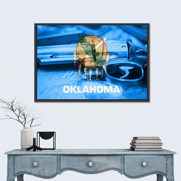 Oklahoma Flag With Gun Canvas Wall Art-1 Piece-Floating Frame-24" x 16"-Tiaracle