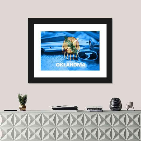 Oklahoma Flag With Gun Canvas Wall Art-1 Piece-Framed Print-20" x 16"-Tiaracle