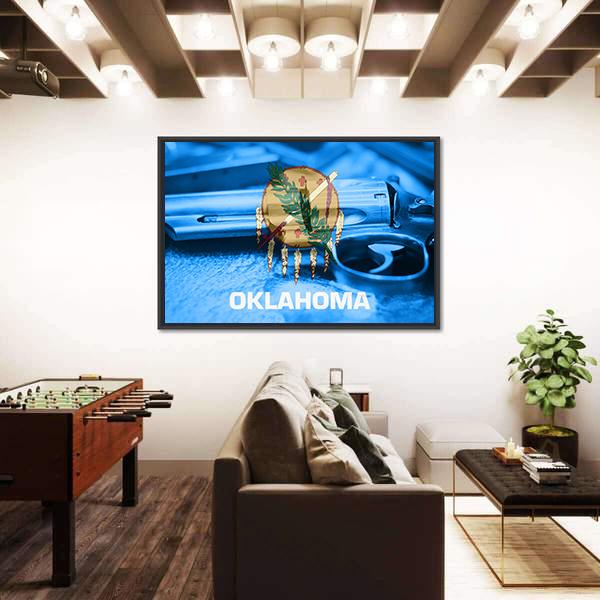 Oklahoma Flag With Gun Canvas Wall Art-3 Horizontal-Gallery Wrap-25" x 16"-Tiaracle