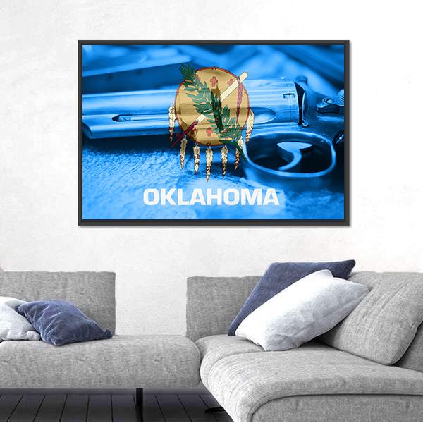 Oklahoma Flag With Gun Canvas Wall Art-3 Horizontal-Gallery Wrap-25" x 16"-Tiaracle
