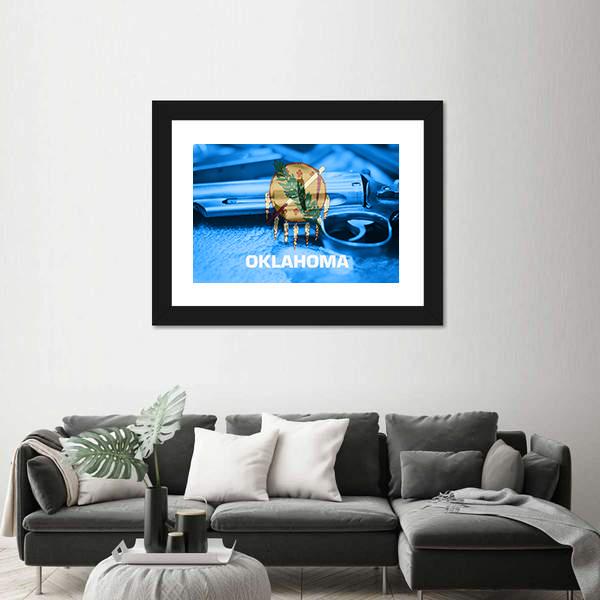 Oklahoma Flag With Gun Canvas Wall Art-3 Horizontal-Gallery Wrap-25" x 16"-Tiaracle