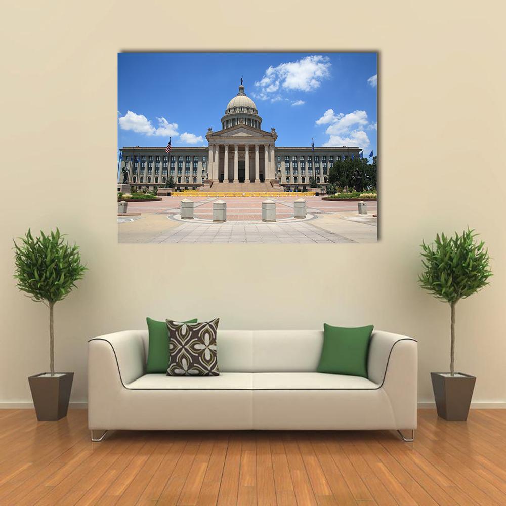 Oklahoma Capitol Building Canvas Wall Art in gray, beige and blue, single panel hung on a wall