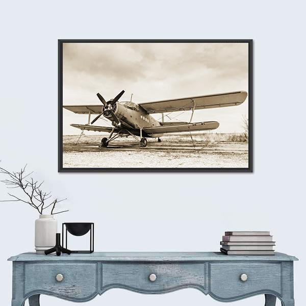 Vintage Biplane in Sepia Canvas Wall Art in gray, beige and brown, framed canvas, product view on a white background