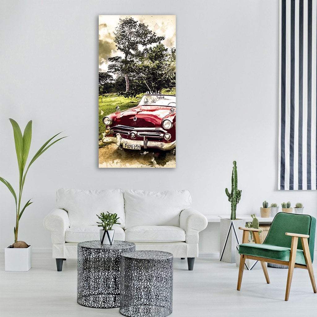 Vintage Red Convertible with Trees Vertical Canvas Wall Art in beige, red and green, single vertical panel hung on a wall