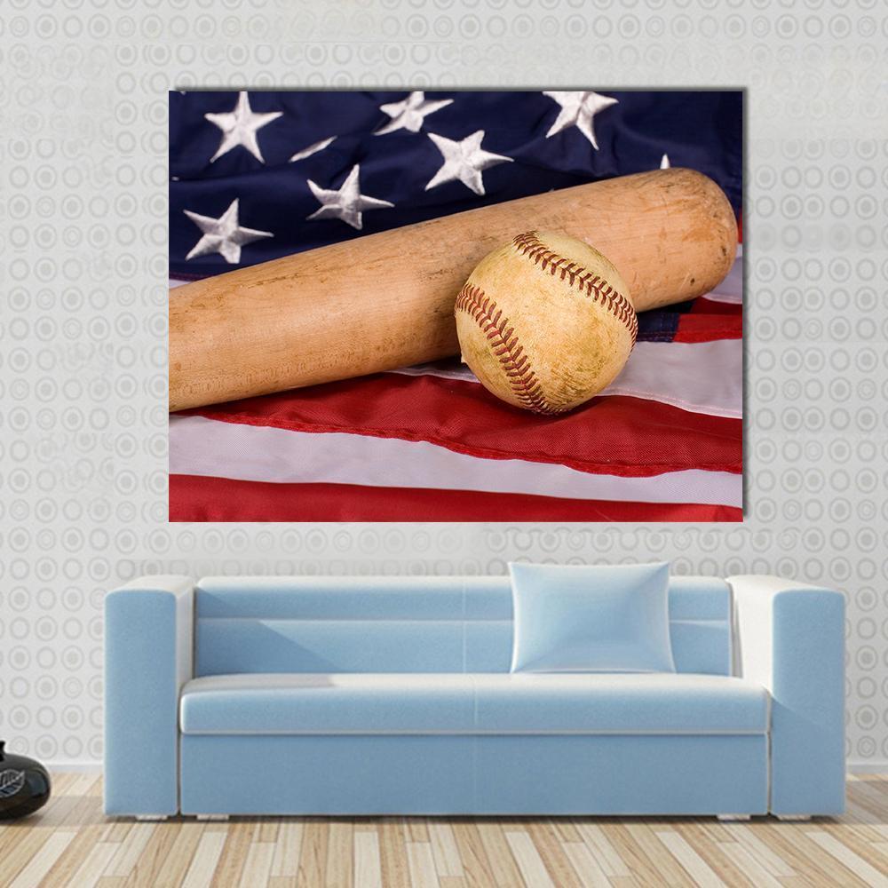 Baseball Bat with American Flag Canvas Wall Art in brown, red and blue, single panel hung on a wall