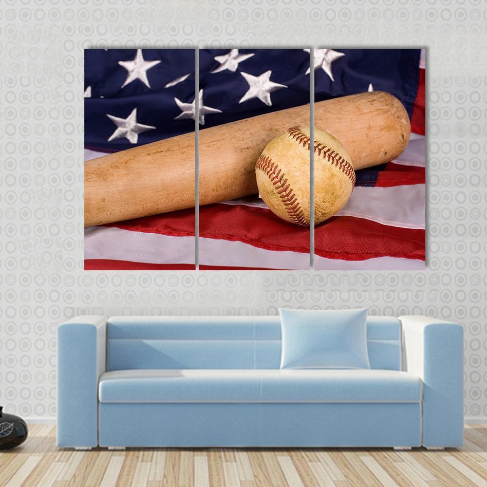 Baseball &amp; Bat With American Flag Canvas Wall Art-3 Horizontal-Gallery Wrap-37&quot; x 24&quot;-Tiaracle