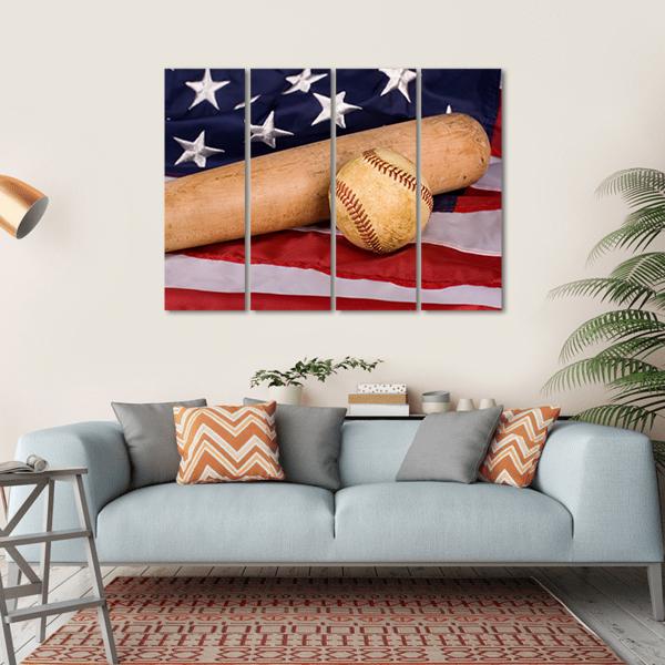 Baseball and Bat on American Flag Canvas Wall Art in brown, red and blue, single panel hung on a wall