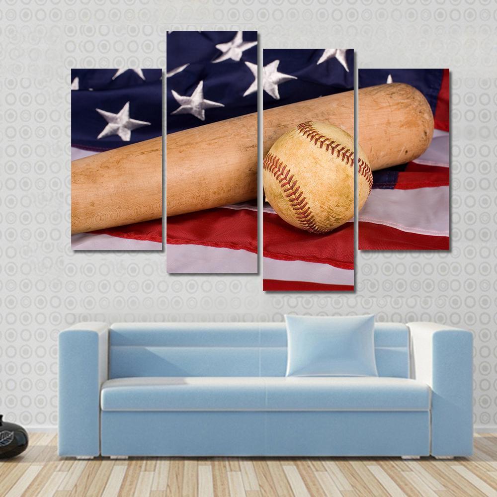 Baseball &amp; Bat With American Flag Canvas Wall Art-4 Pop-Gallery Wrap-50&quot; x 32&quot;-Tiaracle