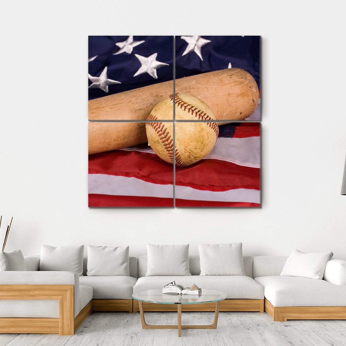 Baseball and Bat on American Flag Canvas Wall Art in brown, red and blue, single panel hung on a wall