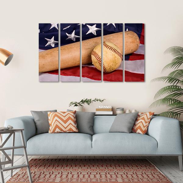 Baseball and Bat on American Flag Canvas Wall Art in brown, red and blue, single panel hung on a wall