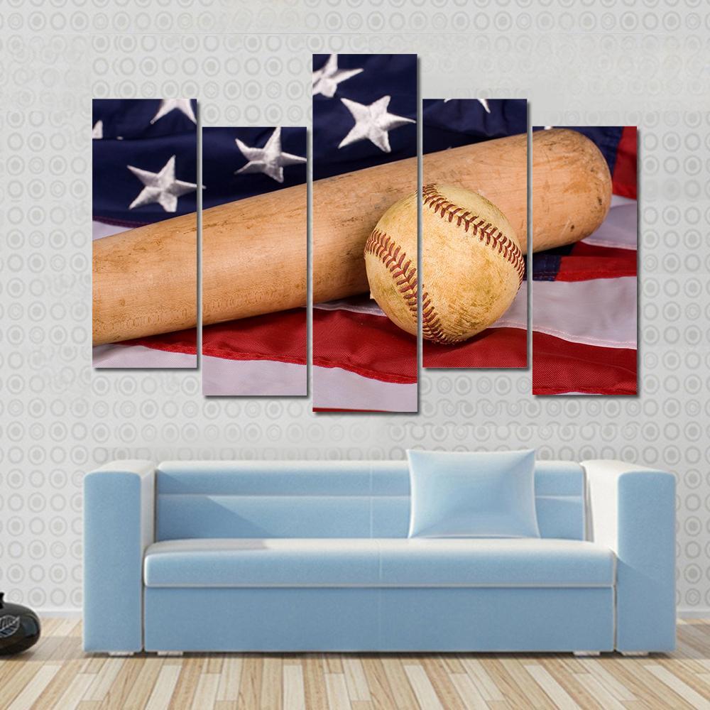 Baseball &amp; Bat With American Flag Canvas Wall Art-5 Pop-Gallery Wrap-47&quot; x 32&quot;-Tiaracle