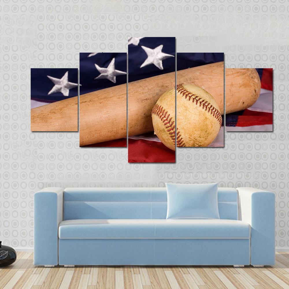 Baseball &amp; Bat With American Flag Canvas Wall Art-5 Star-Gallery Wrap-62&quot; x 32&quot;-Tiaracle