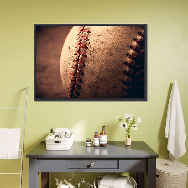 Old Baseball Canvas Wall Art in beige, brown and red, 5 panel Pop layout hung on a wall