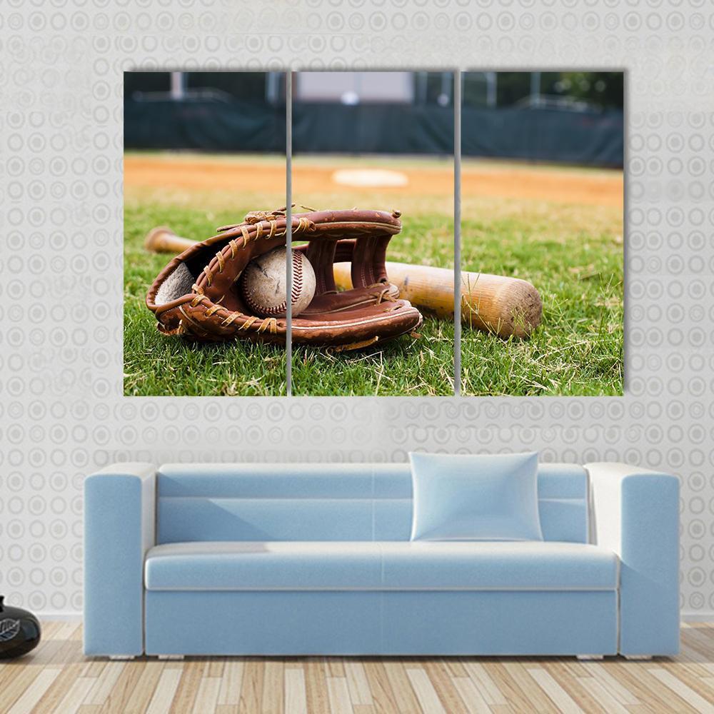 Baseball Glove &amp; Bat Canvas Wall Art-3 Horizontal-Gallery Wrap-37&quot; x 24&quot;-Tiaracle