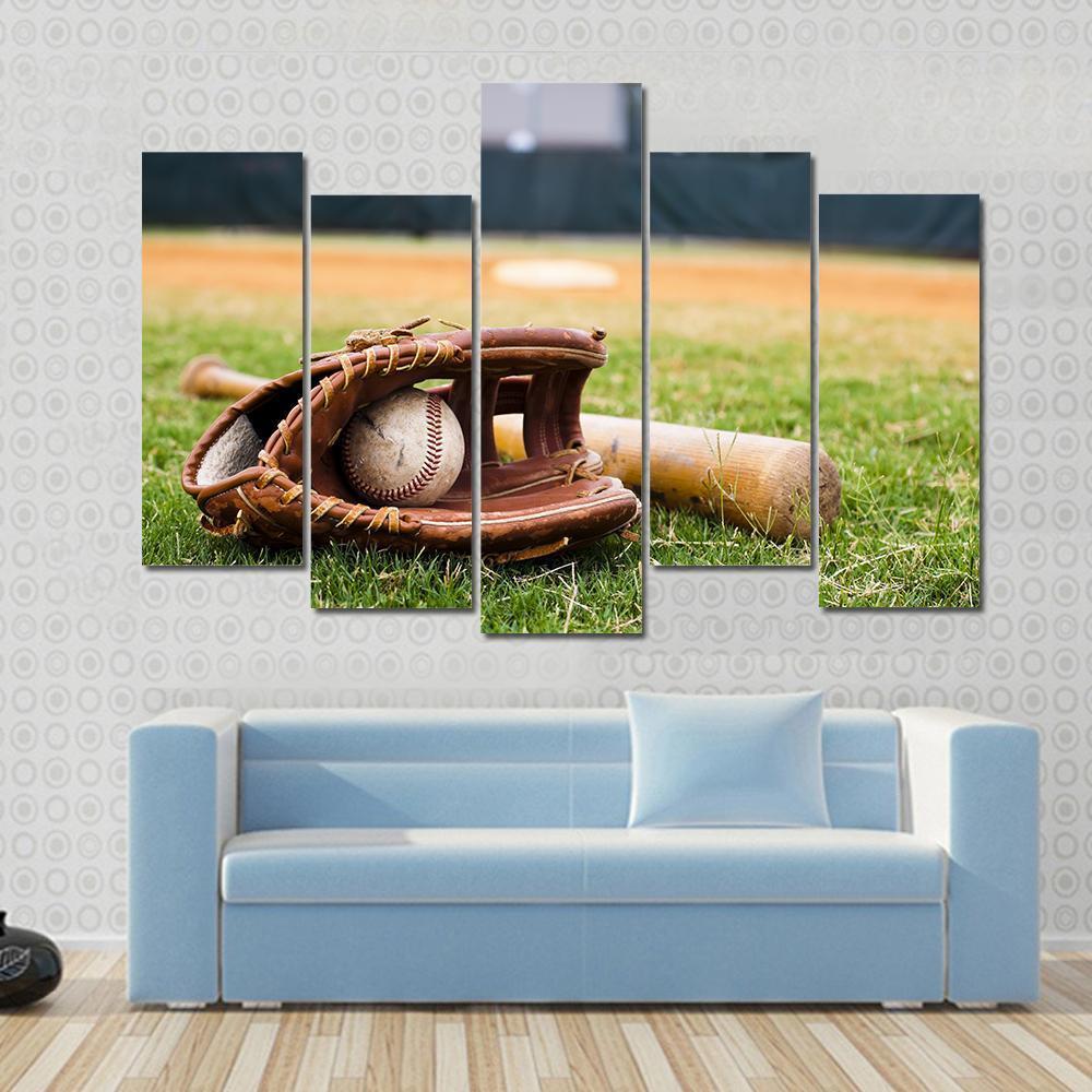 Baseball Glove &amp; Bat Canvas Wall Art-5 Pop-Gallery Wrap-47&quot; x 32&quot;-Tiaracle