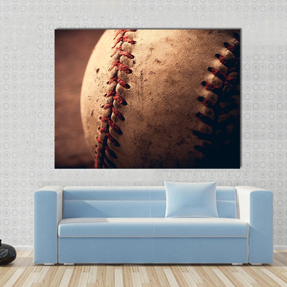 Old Baseball Canvas Wall Art in beige, brown and red, single panel hung on a wall