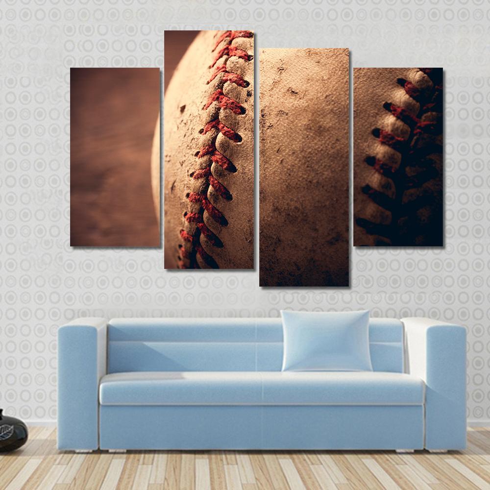 Old Baseball Canvas Wall Art in beige, brown and red, 5 panel Pop layout hung on a wall