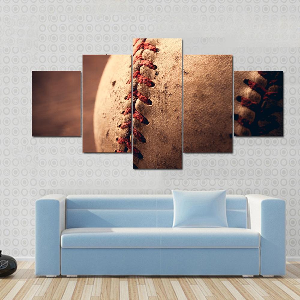 Old Baseball Canvas Wall Art in beige, brown and red, 5 panel Pop layout hung on a wall
