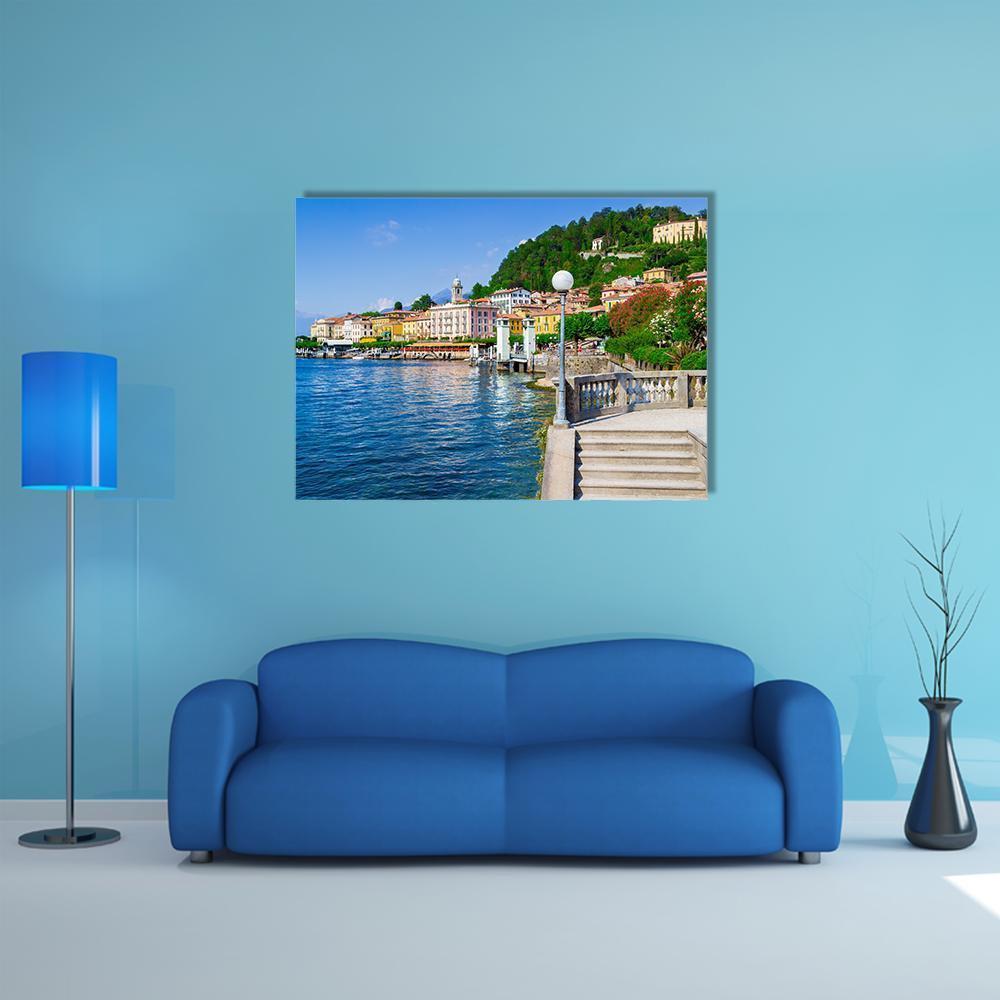 Old Bellagio on Lake Como Canvas Wall Art in beige, green and blue, single panel hung on a wall