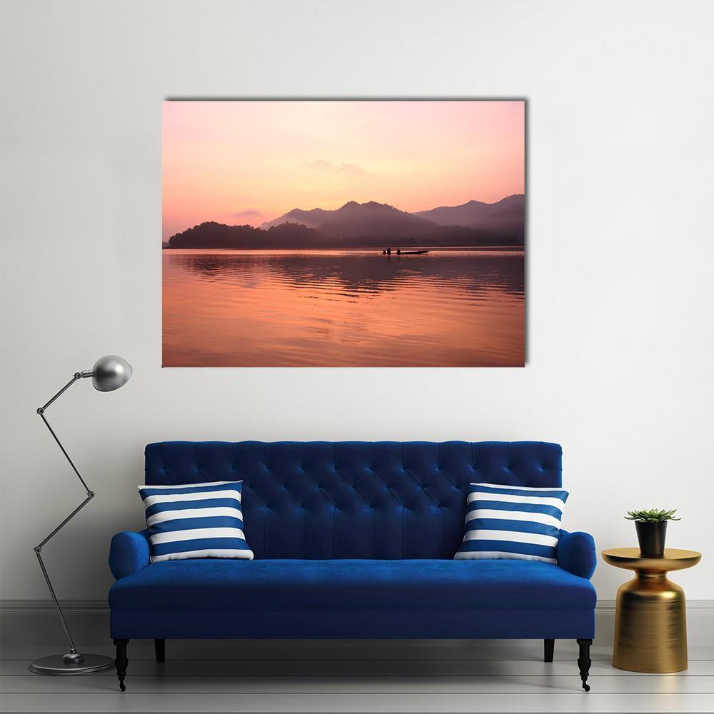 Old Boat on Misty Lake Canvas Wall Art in brown, orange and pink, single panel hung on a wall