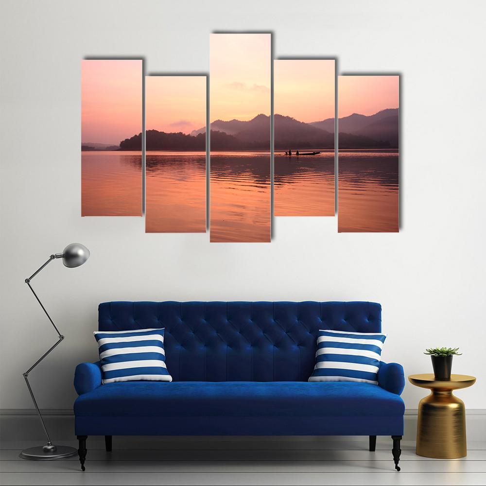 Old Boat In Lake Canvas Wall Art-5 Pop-Gallery Wrap-47" x 32"-Tiaracle