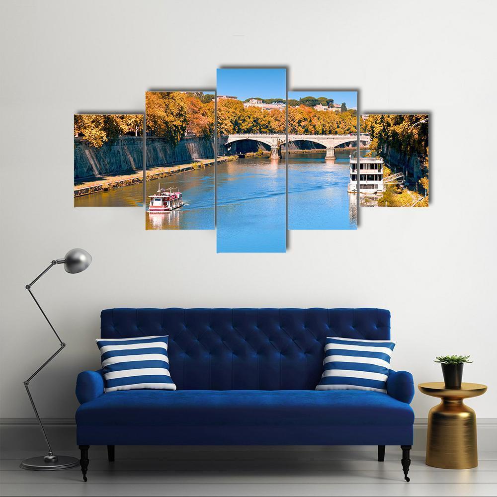 Old Bridge Over Tiber River Canvas Wall Art-5 Star-Gallery Wrap-62" x 32"-Tiaracle
