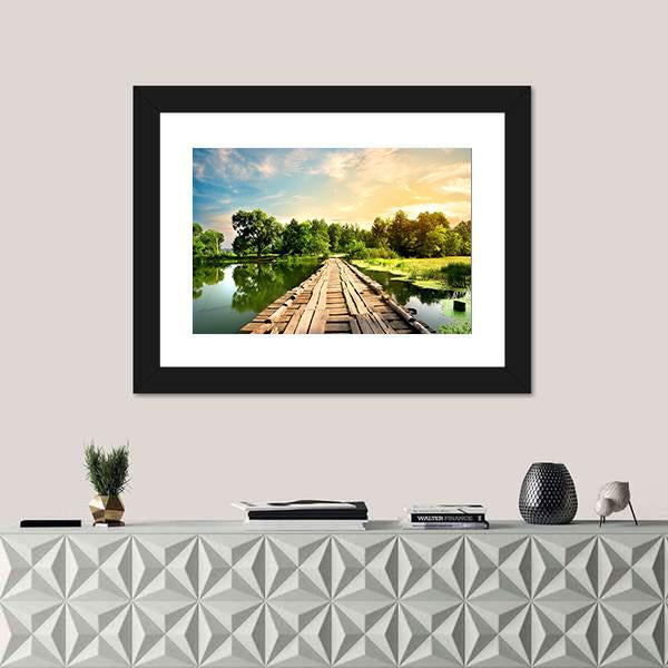 Old Bridge Over River Canvas Wall Art-1 Piece-Framed Print-20" x 16"-Tiaracle