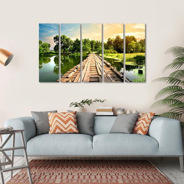 Old Bridge Over River Canvas Wall Art-5 Horizontal-Gallery Wrap-22" x 12"-Tiaracle