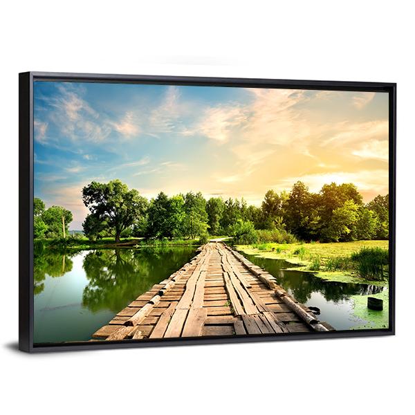 Old Bridge Over River Canvas Wall Art-3 Horizontal-Gallery Wrap-25" x 16"-Tiaracle