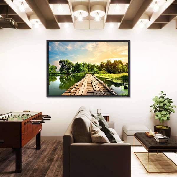 Old Bridge Over River Canvas Wall Art-3 Horizontal-Gallery Wrap-25" x 16"-Tiaracle