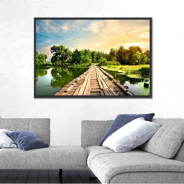 Old Bridge Over River Canvas Wall Art-3 Horizontal-Gallery Wrap-25" x 16"-Tiaracle