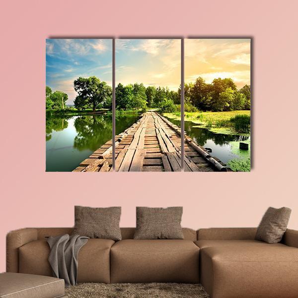 Old Bridge Over River Canvas Wall Art-3 Horizontal-Gallery Wrap-37" x 24"-Tiaracle