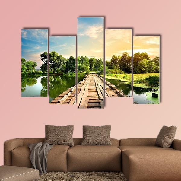 Old Bridge Over River Canvas Wall Art-5 Pop-Gallery Wrap-47" x 32"-Tiaracle