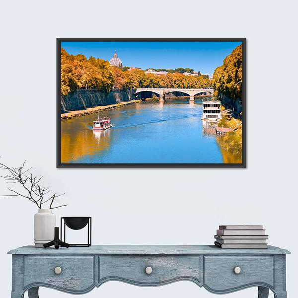 Old Bridge Over Tiber River Canvas Wall Art-1 Piece-Floating Frame-24" x 16"-Tiaracle
