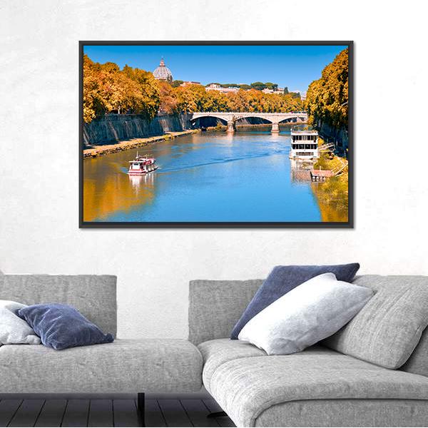 Old Bridge Over Tiber River Canvas Wall Art-3 Horizontal-Gallery Wrap-25" x 16"-Tiaracle