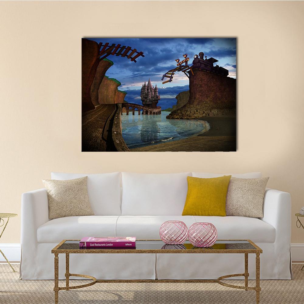 Broken Railway Bridge with Train at Dusk Canvas Wall Art in black, brown and blue, single panel hung on a wall