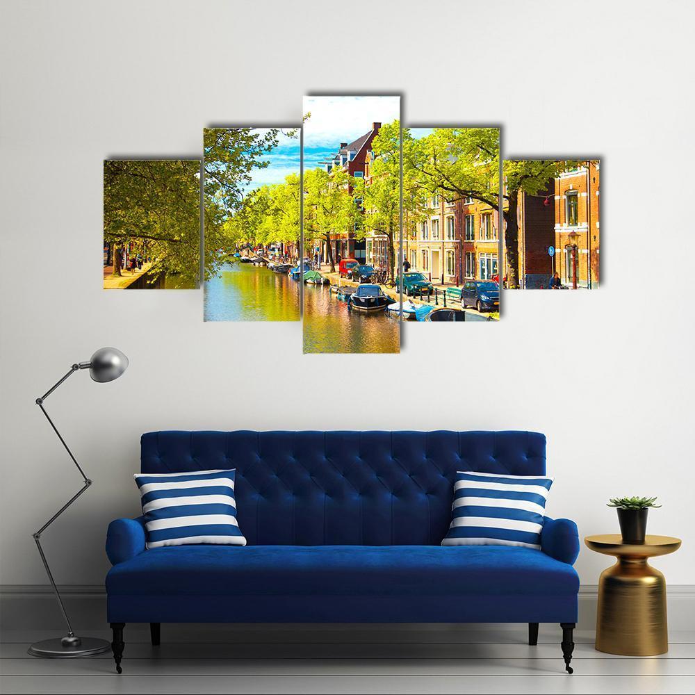 Old Buildings With Canal Canvas Wall Art-5 Star-Gallery Wrap-62" x 32"-Tiaracle