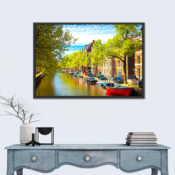 Old Buildings With Canal Canvas Wall Art-1 Piece-Floating Frame-24" x 16"-Tiaracle