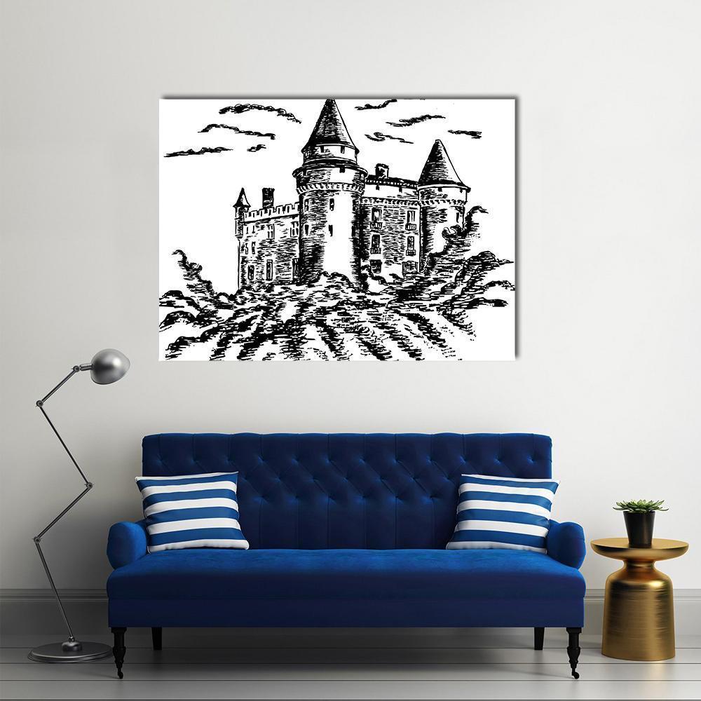 Pen and Ink Castle with Spires Canvas Wall Art in black and white, single panel hung on a wall