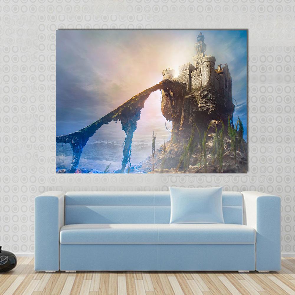 Old Castle on Hill Canvas Wall Art in gray, brown and blue, single panel hung on a wall