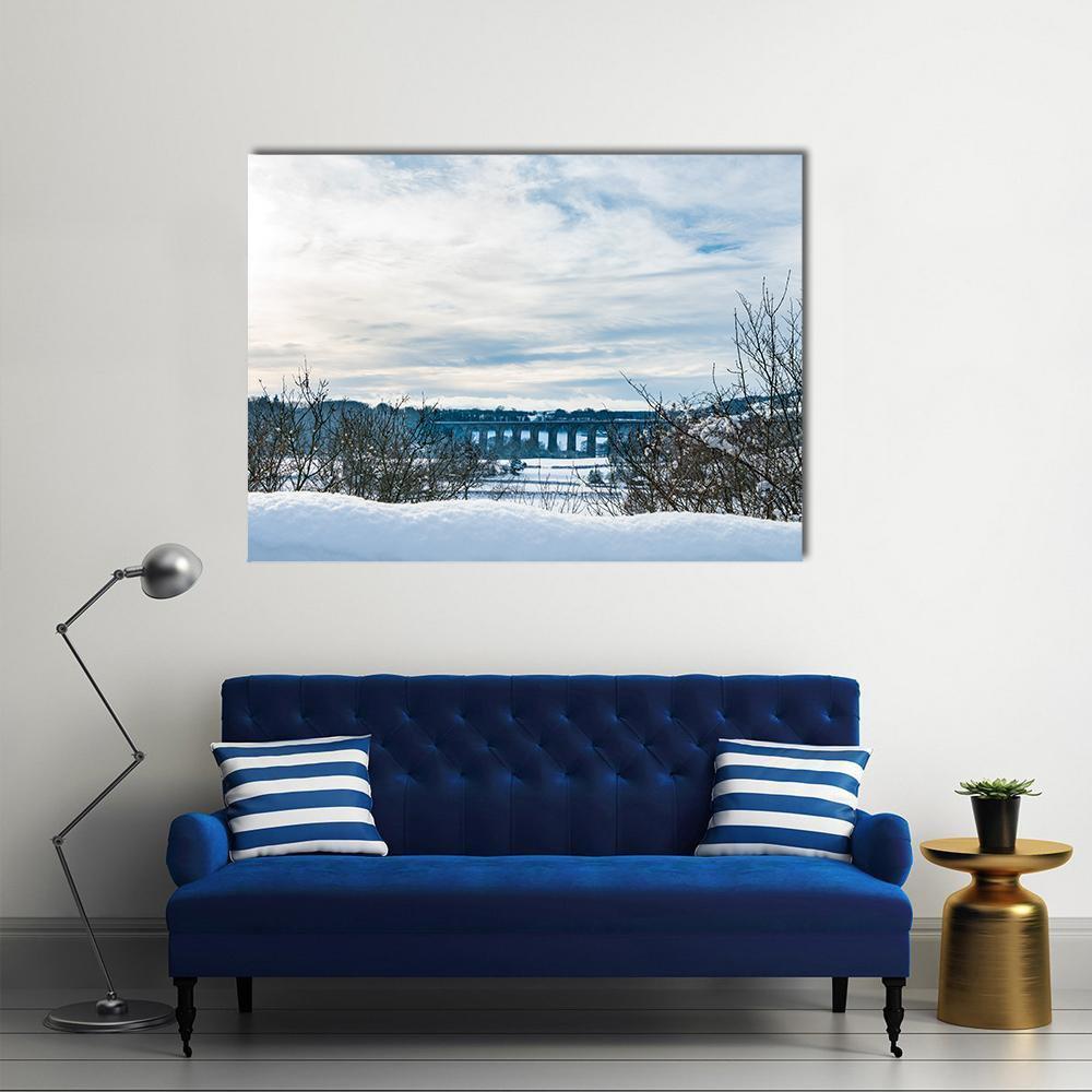 Old Chirk Railway Bridge Canvas Wall Art in white, gray and blue, single panel hung on a wall