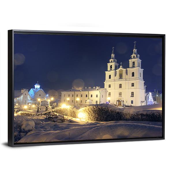 Church On Christmas Night Canvas Wall Art-3 Horizontal-Gallery Wrap-25" x 16"-Tiaracle