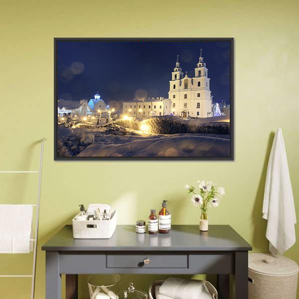 Church On Christmas Night Canvas Wall Art-3 Horizontal-Gallery Wrap-25" x 16"-Tiaracle