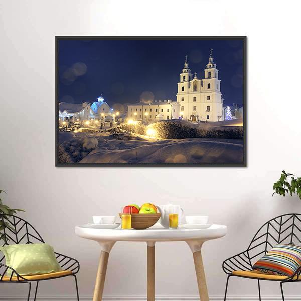 Church On Christmas Night Canvas Wall Art-1 Piece-Floating Frame-24" x 16"-Tiaracle