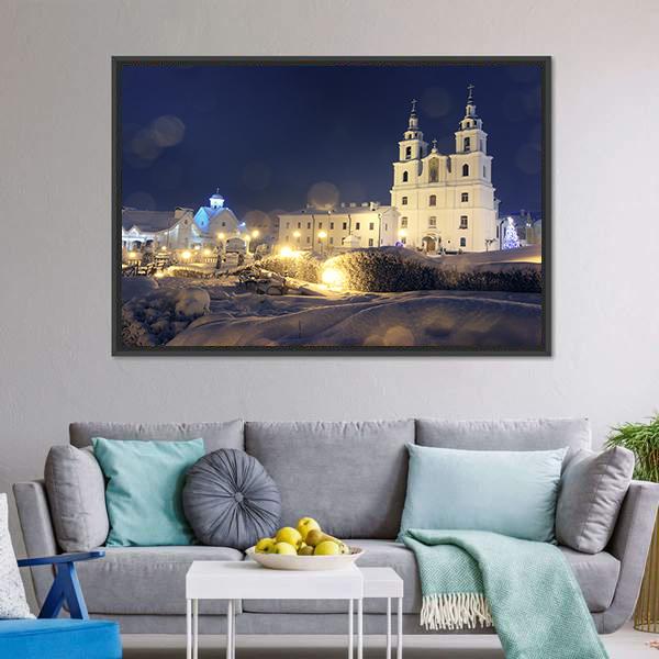 Church On Christmas Night Canvas Wall Art-3 Horizontal-Gallery Wrap-25" x 16"-Tiaracle
