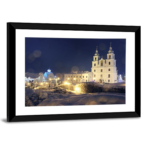 Church On Christmas Night Canvas Wall Art-3 Horizontal-Gallery Wrap-25" x 16"-Tiaracle